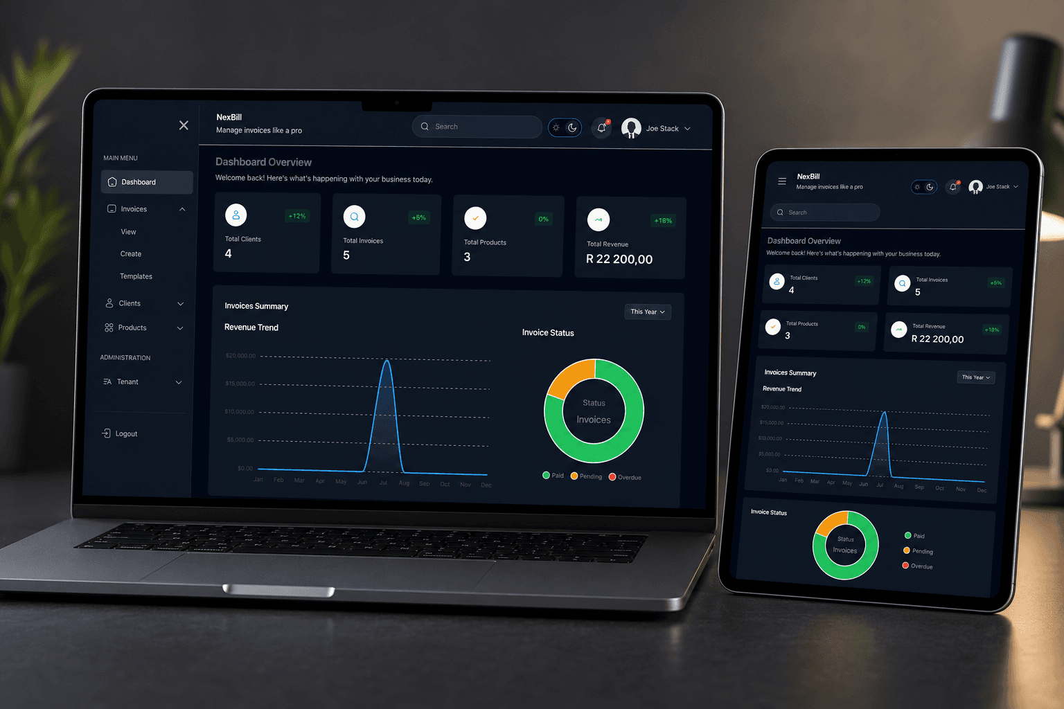 NexBill invoice management dashboard preview